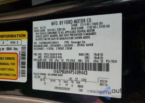 2023 Ford Mustang z USA, uszkodzony, nr VIN 1FATP8UH4P5109443